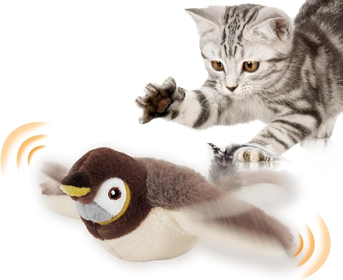 Pájaro interactivo para gatos – Sonidos realistas y alas que baten